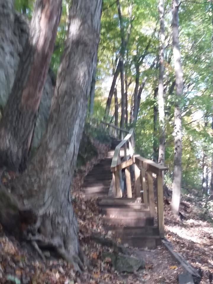 A blurry shot of stairs ascending the bluff