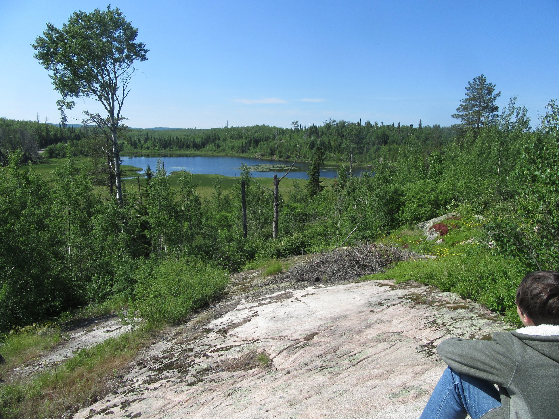 Mason siting on a bald rock overlooking a sparse vista.