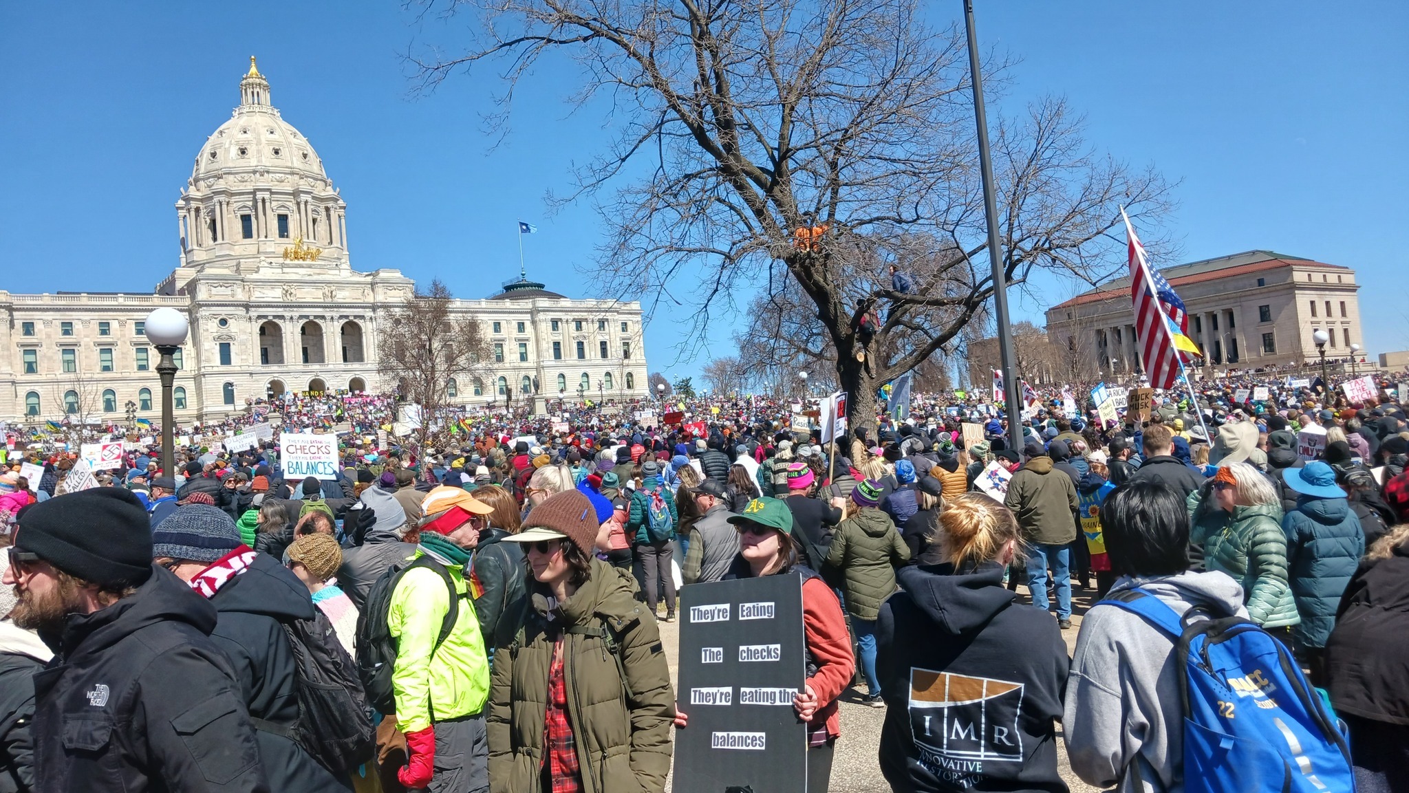 A sense of the crowd. Visible signs read: "They're eating the Checks; They're eating the Balances." 